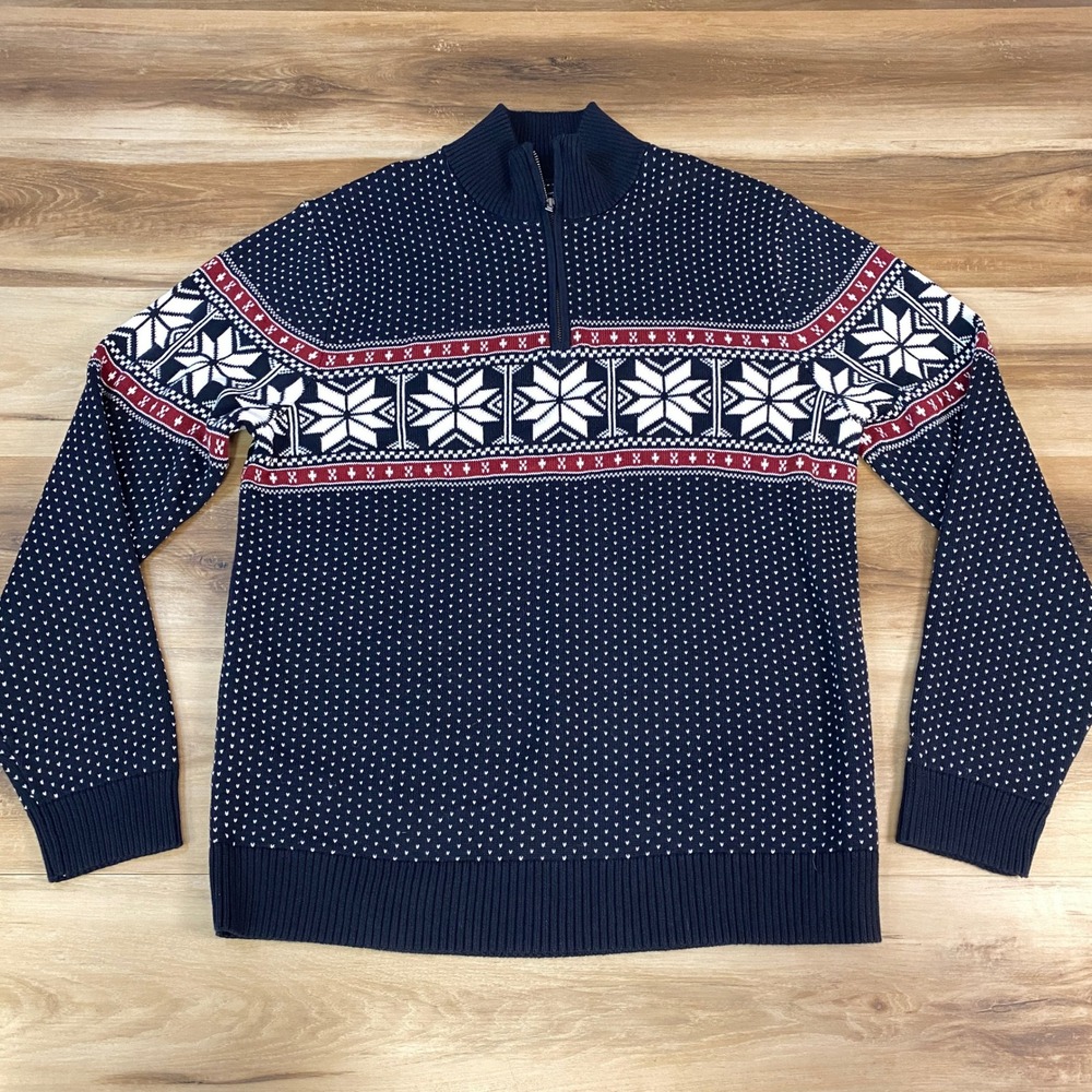 Tommy Hilfiger Sweater Men XL Fair Isle Cotton 1/4 Zip Heritage Navy Blue Winter